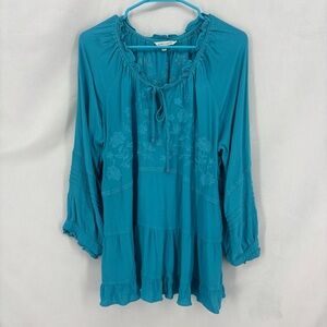 John Mark Teal Embroidered Boho Peasant Tunic Top Ruffle Hem Long Sleeve XL